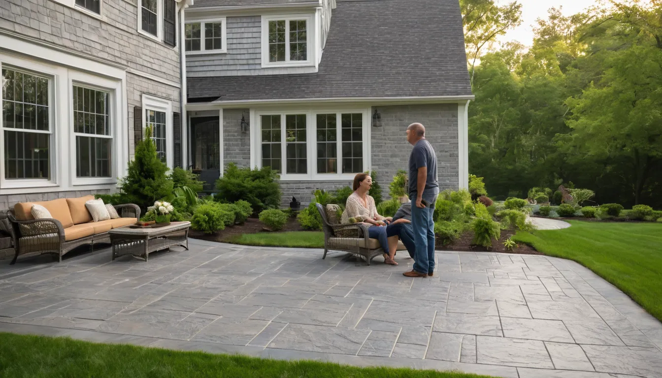 A stamped concrete patio with a slate pattern behind a colonial home in Aberdeen